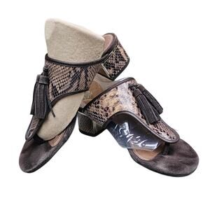 Heeled Mule Sandals Donald J Pliner Tira Size 6.5 Brown Suede Snakeprint Tassel